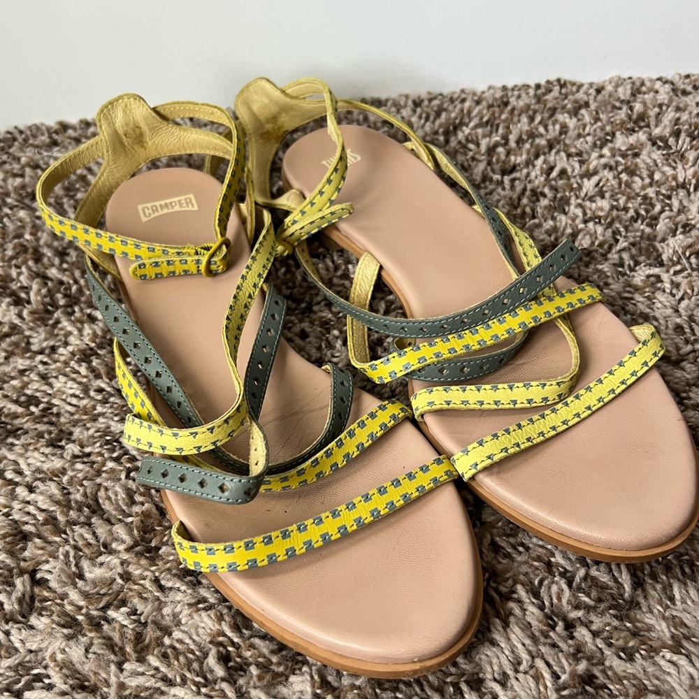 Camper twins yellow grey leather strappy sandals Women’s size 9 / 40